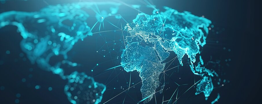 modern conceptual graphic world map design on blue background, big data and networking concept. 3D Rendering