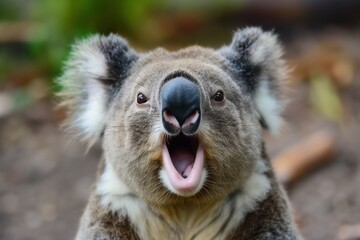 Obraz premium An excited koala with a big open mouth stares directly at the camera in its natural habitat, exuding surprise and charm.