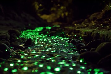 A serene creek illuminated by bioluminescent organisms, creating a magical nighttime scene in nature.