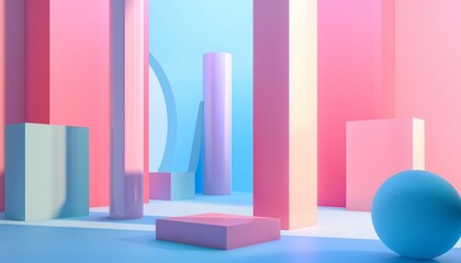 This image displays a variety of 3D geometric shapes in bright colors, arranged in a softly lit, dreamy, ambient space.