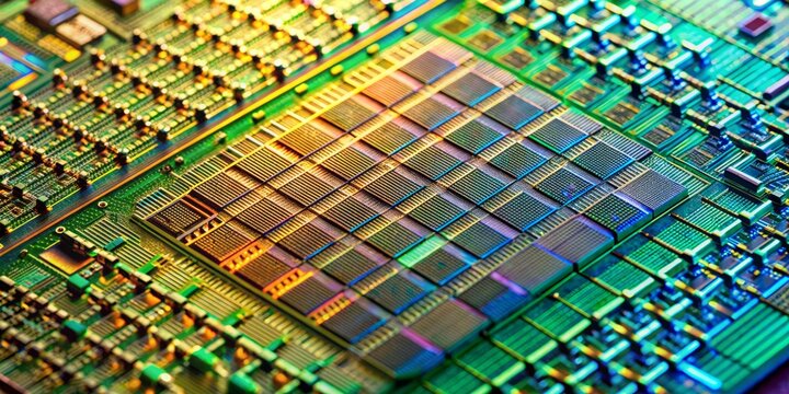 Microscopic view of advanced semiconductor wafer with intricate circuit patterns and tiny transistors, showcasing cutting-edge technology in modern computing and electronics industry.