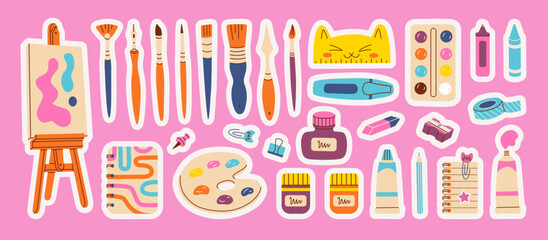 Painting tools stickers set. Art supplies: brushes, paint tubes, pencils, ink, sketchbook, easel, watercolor, markers, palette, crayons, palette knife sketchbook. Vector hand draw flat illustration.