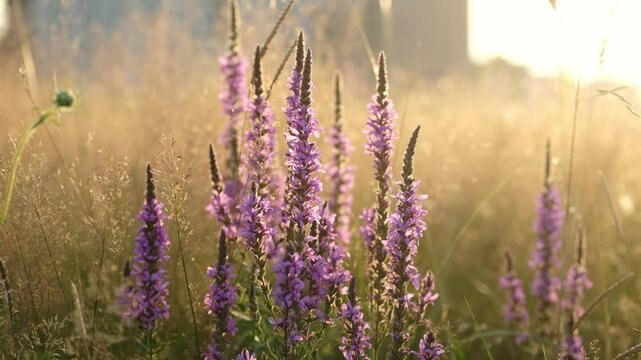 Purple loosestrife flowers closeup. Purple loosestrife. Lythrum salicaria wildflower. 
