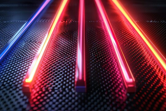 rendering 3d of neon lights on carbon fiber background