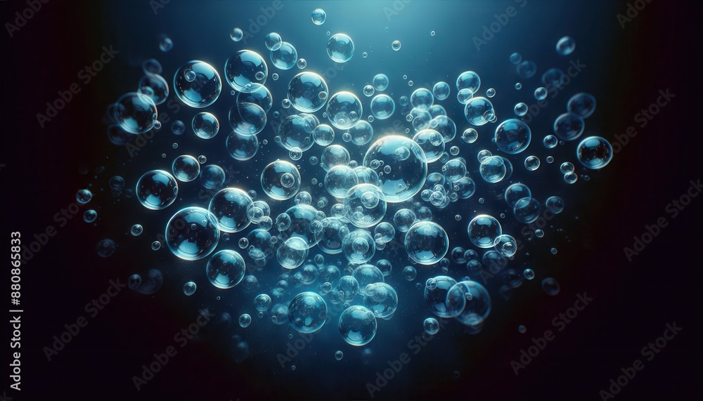 Poster blue background with many transparent, sparkling bubbles of different sizes. the image creates a sen