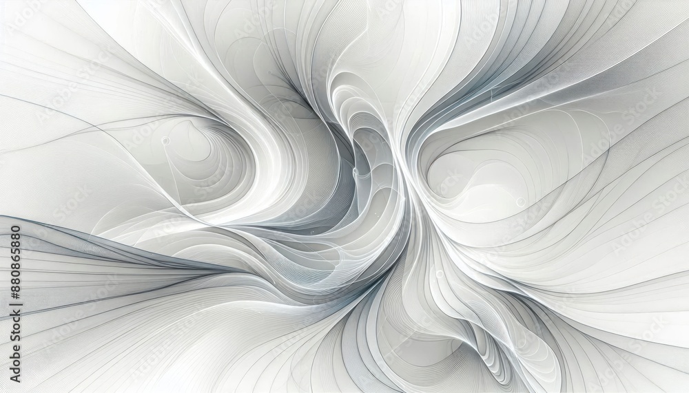 Poster swirling, abstract design in shades of grey and white. the design is reminiscent of a natural patter
