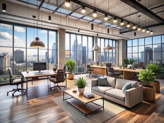 Modern urban office interior with large floor-to-ceiling windows flooding the open concept space with natural light, sleek desks, and comfortable lounge areas.
