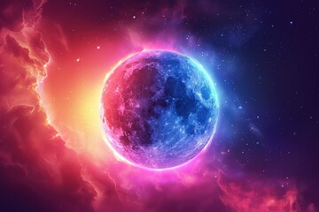 Sun Eclipse with Pink and blue Fire on bright Background, elegant. Moon Design with Glowing Light. Space and Science concept