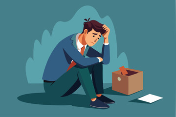 Depressed entrepreneur sitting with box on head, feeling shameful and unable to face society after business failure, bankruptcy, or unlucky misfortune