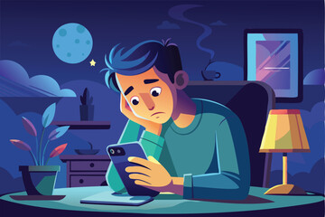 Late Night Smartphone Addiction, Exhausted Man Facing Bright Screen Light, Wasting Time Doom Scrolling