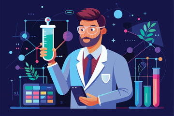 Data Scientist Businessman Holding Laboratory Tube with Digital Data for Machine Learning Analysis