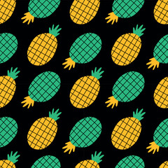 Pineapple seamless pattern. Green and yellow pineapple on a black background. Summer fruits vector illustration for fabric, wrapping paper, case, background, cover