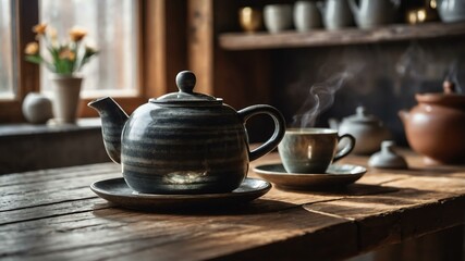 Fototapeta premium marble tea pot pouring warm tea into a teacup on a rus background