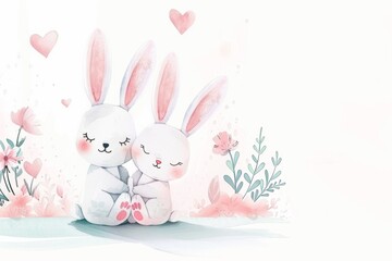 Enchanting Watercolor Illustration of Bunny Couple Embracing Surrounded by Hearts and Flowers