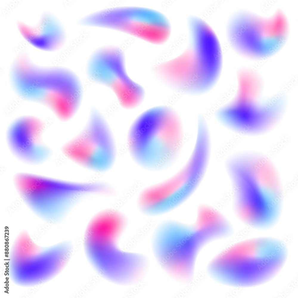 Poster Iridescent chrome drops or hologram irregular freeform organic shapes. Color gradient circle backgrounds, abstract colors blend mesh with soft neon light, vector shapes. PNG	