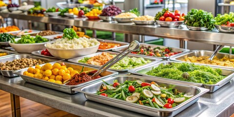 Obraz premium Assorted salads and side dishes are meticulously arranged on a beautifully lit buffet table, adorned with garnishes, amidst a spotless kitchen with stainless steel equipment.