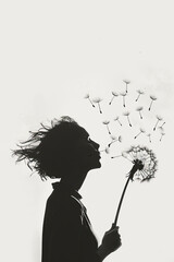 A black and white sketch of a person blowing a dandelion