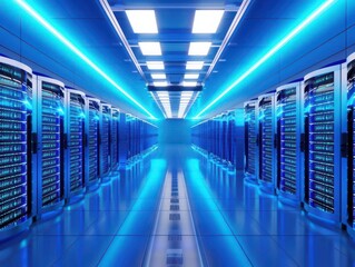 Fototapeta premium vast data center interior endless rows of servers cool blue lighting futuristic technology hub information age visualization