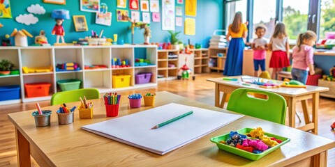 Colorful kindergarten classroom background with various children's artwork and toys, a clipboard with papers and a pen lie on a table, indicating a teacher's presence.