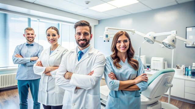 A clean and modern dental clinic background with empty space, ready for adding a portrait of a smiling medical team standing with crossed arms.