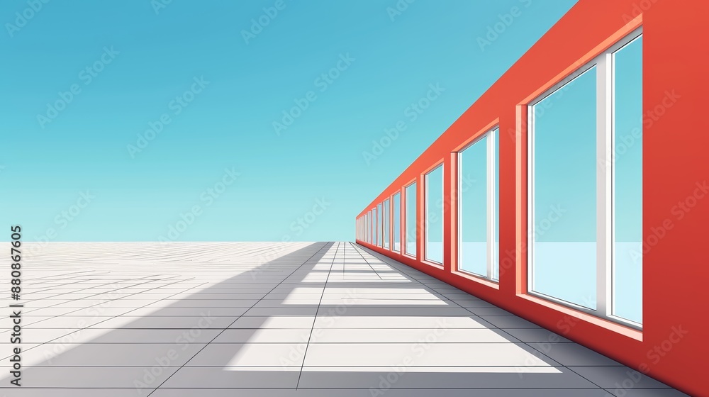 Poster row of windows flat design side view travel theme cartoon drawing complementary color scheme, very d