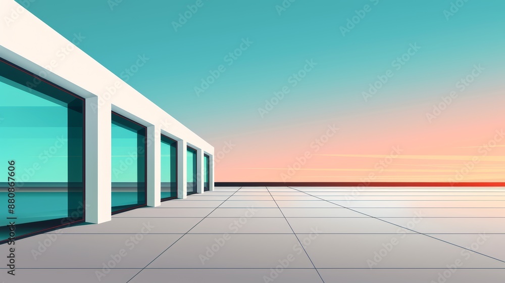 Poster row of windows flat design side view travel theme cartoon drawing complementary color scheme, very d