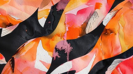 A close-up of abstract fish fins in watercolor, pastel oranges and pinks, stark black background