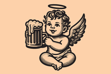  Cute Cupid with a mug of beer. Vintage black engraving illustration. Icon, logo, emblem. Isolated object