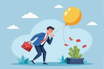 Businessman investor holds flying balloon tightly, fearing fall as financial bubble inflates from QE injected money concept