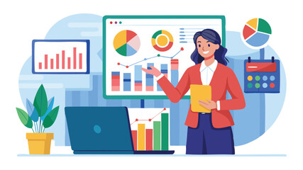 Economic Data Analysis: Businesswoman Presents Statistical Research Findings with Graphs and Charts