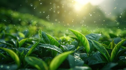 Fresh Green Tea Leaves Under Sunlight