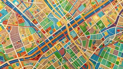 Vibrant urban map shows intricate street networks, highways, landmarks, and neighborhoods,...