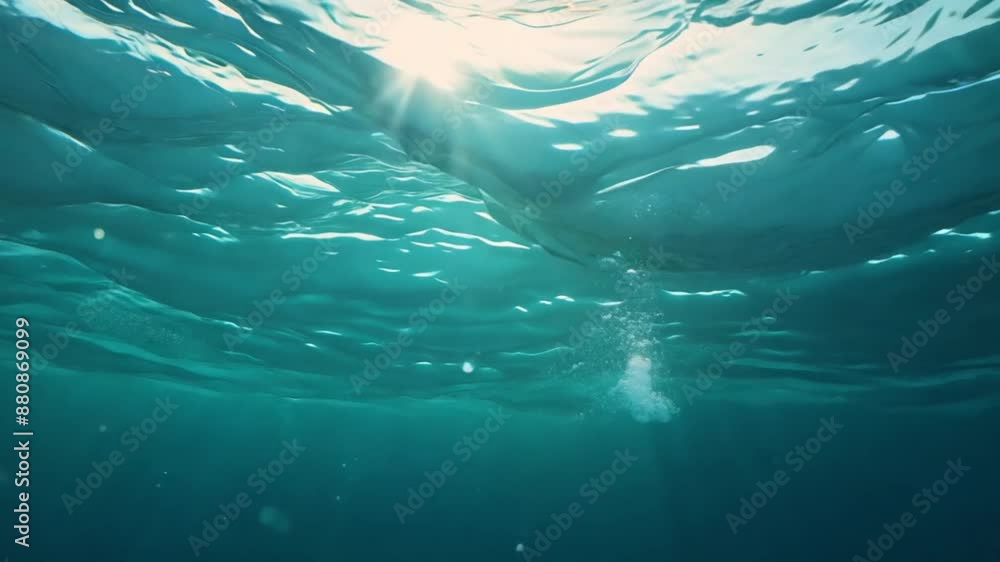 Poster underwater view with sunlight filtering through the water's surface. underwater background, with bub