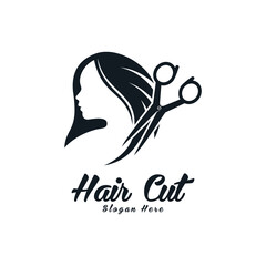 Hair cut logo design for women beauty salon with hair scissor