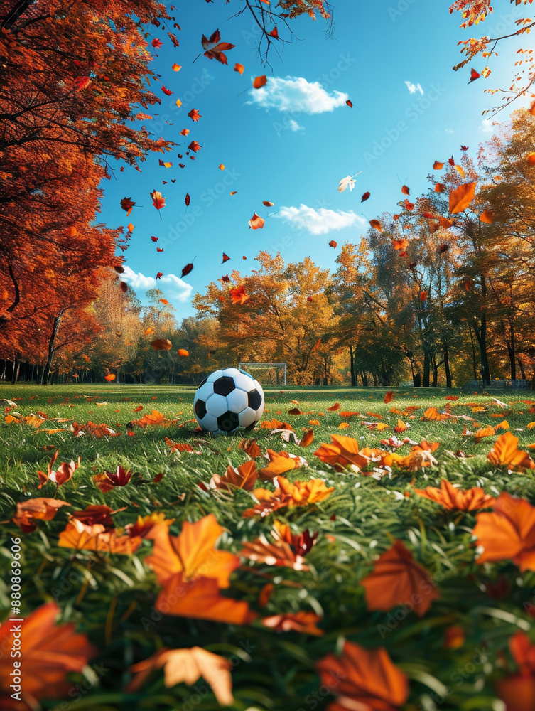 Sticker Soccer Ball on a Fall Day - A black and white soccer ball lays in the middle of a field covered in colorful fall leaves. - A black and white soccer ball lays in the middle of a field covered in colorf