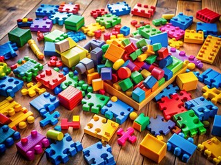 Vibrant puzzle pieces scattered on the floor, partially assembled, surrounded by toys and colorful blocks, representing a child's creative play on autism spectrum disorder.
