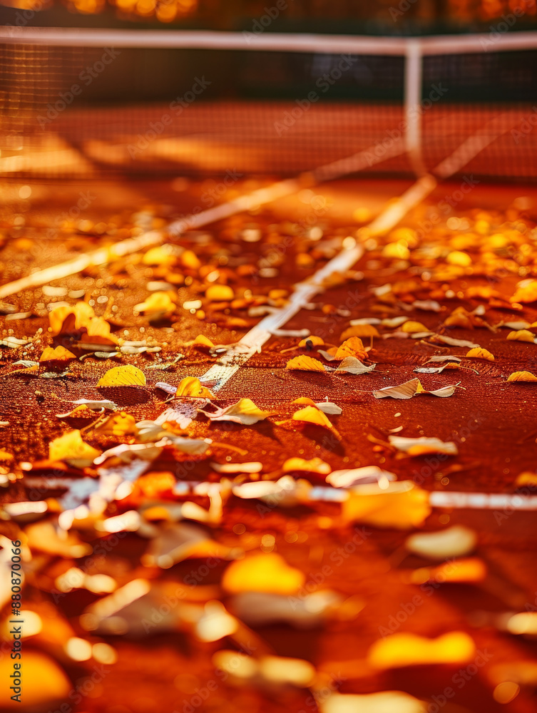 Sticker Autumn Leaves on a Tennis Court - Close-up of fallen autumn leaves on a red tennis court with lines and net in the background - Close-up of fallen autumn leaves on a red tennis court with lines and ne