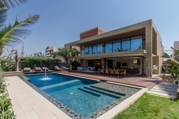 Fototapeta premium Modern Luxury Home with Swimming Pool and Patio