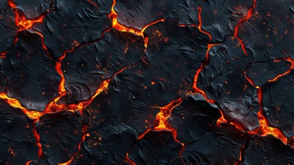 Aerial view of a heated iron surface, radiant with intense orange-red glow, seamless texture, black background