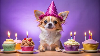 Adorable birthday chihuahua in lilac hat sits amidst candles and colorful cakes on purple background, ready for festive celebration on this special day.