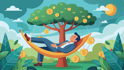 Passive Income: Rich Businessman Sleeps in Hammock Tied to Money Tree with Dollar Coins, Achieving Financial Freedom