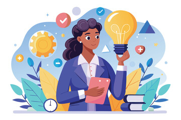 Businesswoman Contemplates Strategy, Expertise, and Problem-Solving with Illuminating Idea in Hand