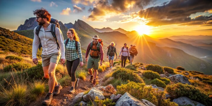 Mountain travel hike people adventure man summer journey tourism group sunset trekking. Hike travel woman mountain walk active backpack nature together sport young trail outdoor tourist hiker person