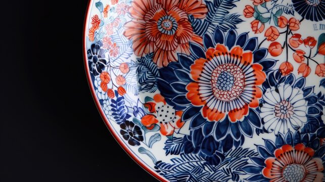 Japanese traditional antique imari ware displayed on a plate in a soft focus photograph with a black background