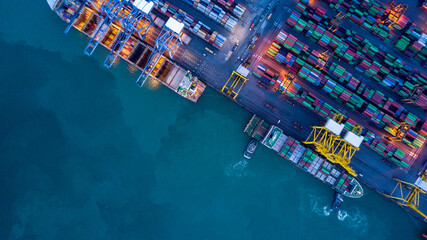 Aerial view container cargo ship  at commercial sea port, Global business logistic import export...