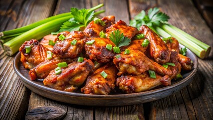 Sizzling spicy chicken wings overflowing from a platter, garnished with fresh parsley and served with celery sticks, against a rustic wooden background.