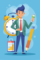 Project manager holding pencil with task on alarm clock, representing task management, productivity tools, schedules, and deadlines for efficient work