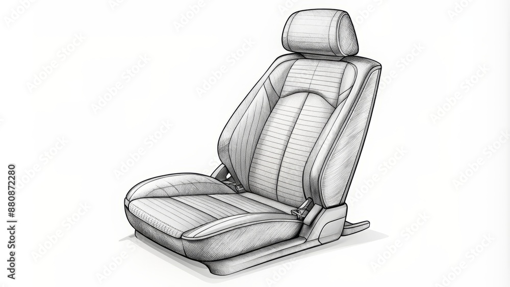Poster black and white sketch of drawing, a clean sketch of a side view of a car seat with armrest with com
