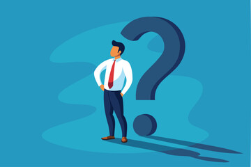 Fototapeta premium Questioning Life's Meaning: Curious Businessman Stares at Shadow Shaped as Question Mark, Symbolizing Confusion and Doubt