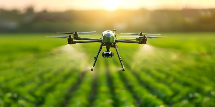 Agricultural drone sprays field with pesticides to boost productivity and combat pests. Concept Agricultural Drones, Pesticide Spraying, Field Productivity, Pest Control, Farm Technology